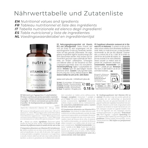 Nutri + Vitamin B12 Lutschtabletten 500µg (mcg) vegan & hochdosiert - aktives Methylcobalamin - 100 vegane Tabletten zum Lutschen - Geschmack Kirsche