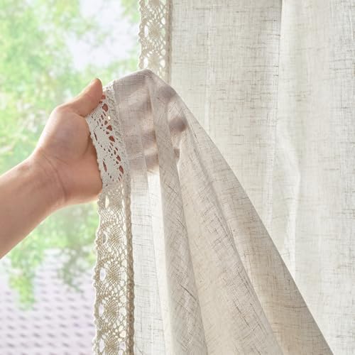 Image of jinchan Linen Curtains with Lace Trim Beige Curtains for Living Room 63 Inch Length Rod Pocket Rustic Farmhouse Curtains Semi Sheer Light Filtering Drapes Bedroom Window Curtain Set 2 Panels