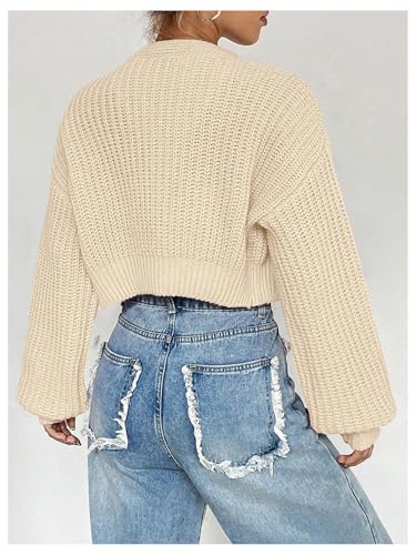 SweatyRocks Women's V Neck Cropped Cardigan Button Up Lantern Long Sleeve Sweater Outwear2