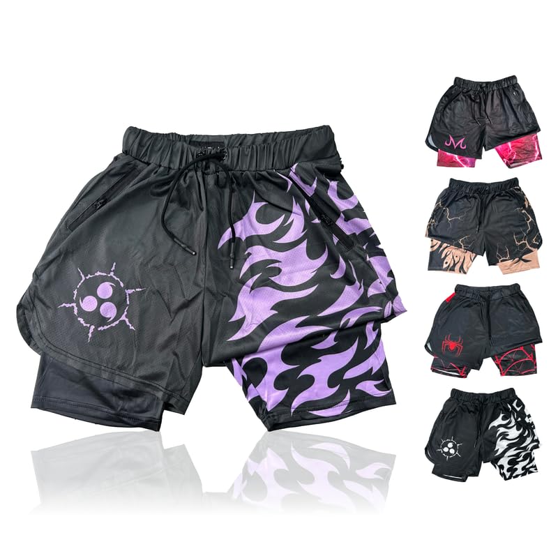 CROWN Anime Shorts - Breathable Stretch Compression Gym Short with Pockets and Towel Holder (L-Blackpcursedmark)