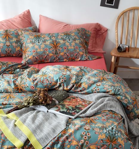 VM VOUGEMARKET Green Flower Duvet Cover Set Twin,Aesthetic Boho Bedding Set Percale Cotton Royal Floral Comforter Cover with Zipper Closure
