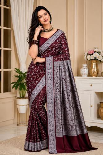 Image of Women's Glory Banarasi Satin Kanjivaram Saree Silver Zari Border Pure Soft Blend Silk Sari Kanchipuram Paithani Silk Party Wedding Festive New Ladies Sadi with Unstiched Blouse Piece.
