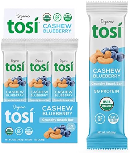 Tosi Nut Bars, 5G Protein (12 Pack, 1oz Bars), Plant Based Protein Bars, Crunchy Vegan Snacks, Blueberry Cashew Bars, Low Sugar Healthy Snacks, Gluten Free, Soy Free, Fiber, Flax & Chia Seeds