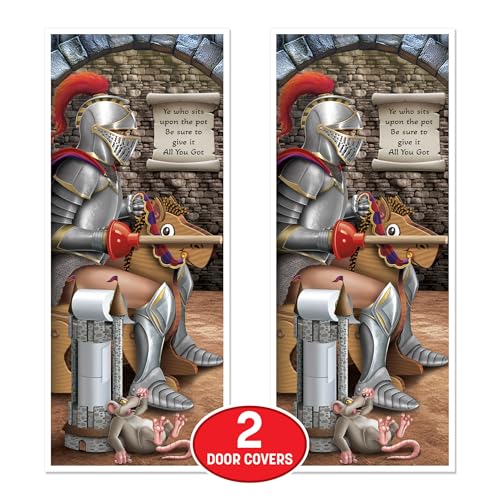 Image of Beistle Knight Restroom Door Cover - 2 Pack, Medieval Castle Bathroom Party Decorations, Funny All-Weather Plastic Backdrop for Renaissance Fairs, Festivals, Birthday Parties, Themed Events, 6' x 30 inch