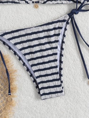MakeMeChic Women's Striped Triangle Thong Micro Bikini Sets Halter Swimsuits Bathing Suit Striped Blue a X-Large - Thumbnail 2