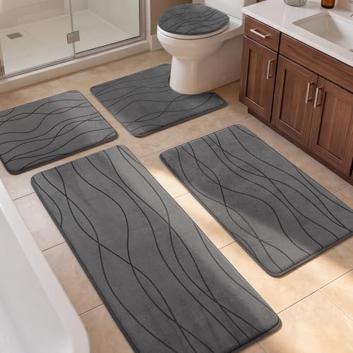 Image of YIHOUSE Bathroom Rugs Set 5 Piece, Memory Foam Bath Mat Dark Grey | Ultra Soft, Absorbent, Non-Slip, Machine Washable, for Bathroom, Sink and Toilet