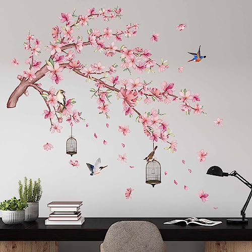 PinkEleph® Pink Magnolia Flower Wall Stickers, Cherry Blossom Floral Tree Branch Birds Wall Decals