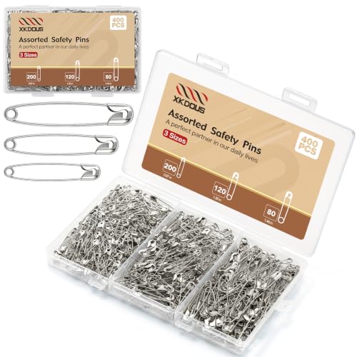 Image of XKDOUS 400 Pack Safety Pins for Clothes, 3 Assorted Size Heavy Duty Pins | Small & Large Safety Pin, Sharp Edge Pins Bulk, Fasteners for Clothing, Sewing, Crafting