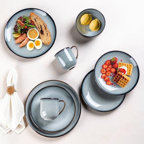 Image of LERATIO Ceramic Dinnerware Sets for 4,16-Piece Reactive Glaze Plates and Bowls Set with Mugs,Highly Chip and Crack Resistant | Dishwasher,Microwave & Oven Safe Dishes set-Gray White