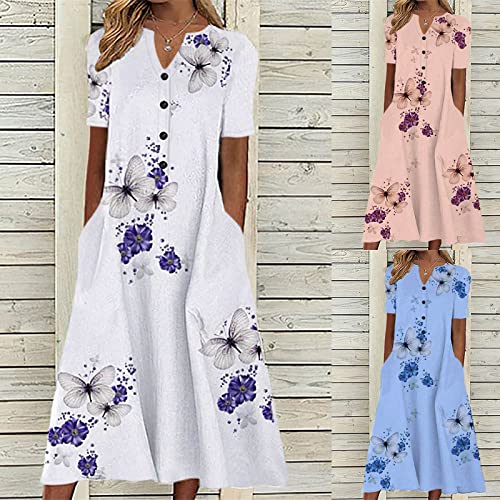 Plus Size Summer Dresses, Womens Summer Dresses, Dresses For Women 2023 Casual, Summer Dresses For Women 2023 Causal V Neck Button Dress Short Sleeve Floral Dress Vacation Long Dress With Pocket #TOP3