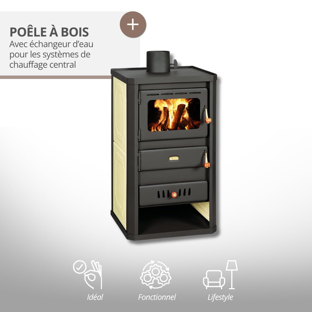 Prity S2 W10 Poêle à bois avec revêtement d'eau 10 kW Chauffage central certifié CE Brûleur à bois amélioré Conforme EN