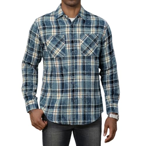 Image of WARHORSEE Flannel Shirt for Men Long Sleeve Button Down Plaid Shirts | Soft Cotton Blend for Multi-season Wear, Lightweight yet Warm, Dual buttoned storage pockets, Machine Washable Easy Care