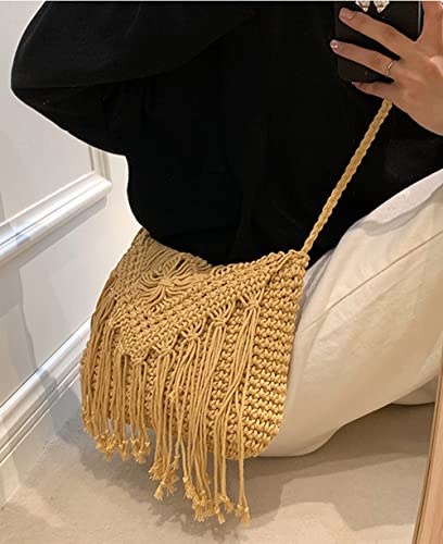 Image of Crossbody Purse for Women Cute Macrame Hobo Satchel Bags Knit Summer Beach Bag Tassels Shoulder Crochet Tote Handbag