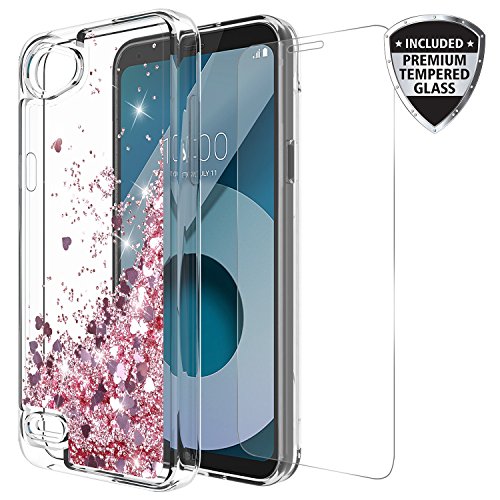 LG Q6 Case With Tempered Glass Screen Protector, Rosebono Quicksand Glitter Sparkly Bling