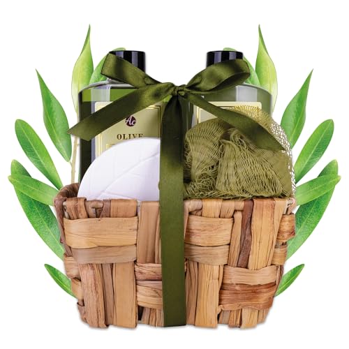 Accentra - Badeset Geschenkset für Frauen OLIVE in Körbchen aus Seegras, Duschset Geschenk mit Duschgel, Schaumbad, Badebombe und Netzschwamm, 4-Teiliges Wellness Set für Damen & Mädchen