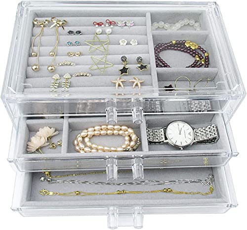 Snazzy Acrylic Jewelry Box 3 Drawers, Velvet Jewelry Organizer, Earring Rings Necklaces Bracelets Display Case Gift for Women, Girls (Gray)