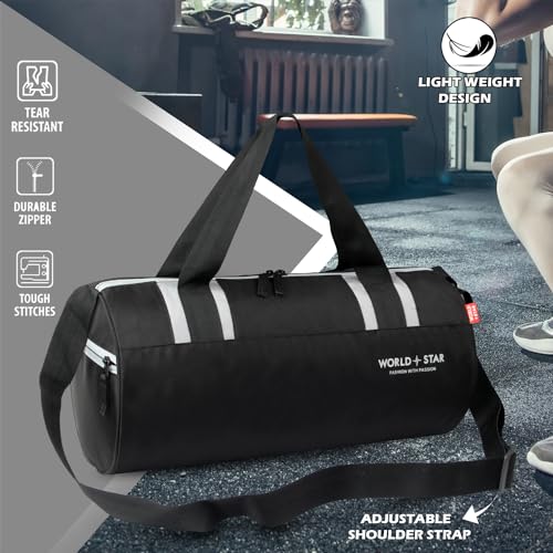 Image of WORLD STAR Trendy Gym Duffle Bag for Men & Women - Waterproof Sports Bag with Shoe Compartment & Adjustable Strap - Versatile Travel & Training Gear (Sleek Black)