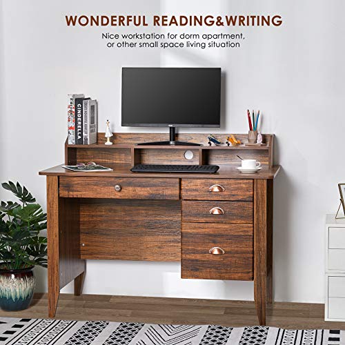Computer Desk with 4 Drawers and Hutch Shelf, Executive Desk Home Office Desk Writing Sturdy PC Laptop Notebook Desk, Spacious Desktop Vintage Style Golden Cherry