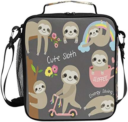 ZOEO Girls Sloth Lunch Box Floral Flower Tree Cute Animal Gray Prep Kids Women Cooler Insulated Lunch Bag Tote Freezable Shoulder Strap Waterproof Picnic Meal for School Office