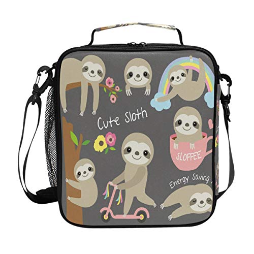Zoeo Girls Sloth Lunch Box Floral Flower Tree Cute Animal Gray Prep Kids Women Cooler Insulated Lunch Bag Tote Freezable Shoulder Strap Waterproof Picnic Meal For School Office #TOP3
