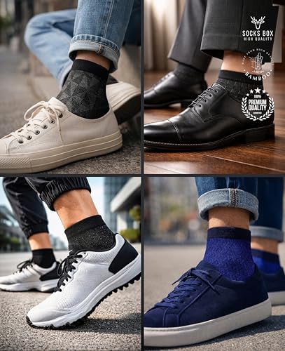 Image of Mens Ankle Socks, Premium Quality Bamboo Rayon Ankle Socks, Patterned, 5 Pairs, Gift Box, Size 8-13