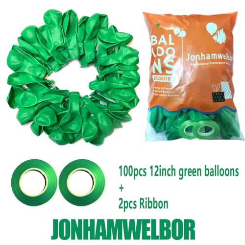 Image of Jonhamwelbor Green Balloons 100 Pack 12 inches Latex Helium Balloons Birthday Party Decorations (With Green Ribbon)