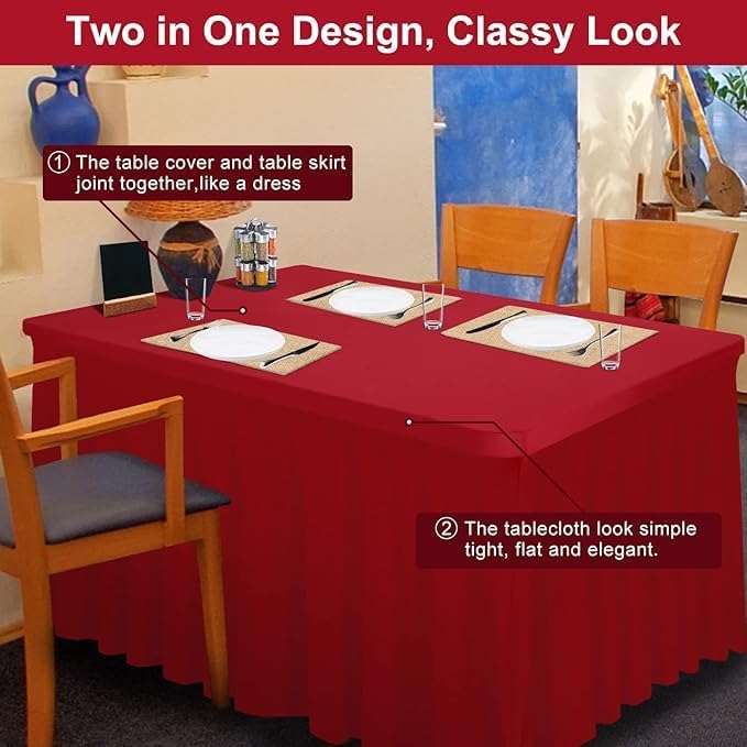 thick 2 in 1 spandex table skirt and cover 6ft, rectangle fitted tablecloth with pleated skirt, wrinkle free rectangular table cloth for banquets vendor event (burgundy, 72"*30"*29") burgundy 72" x 30" (rectangular)