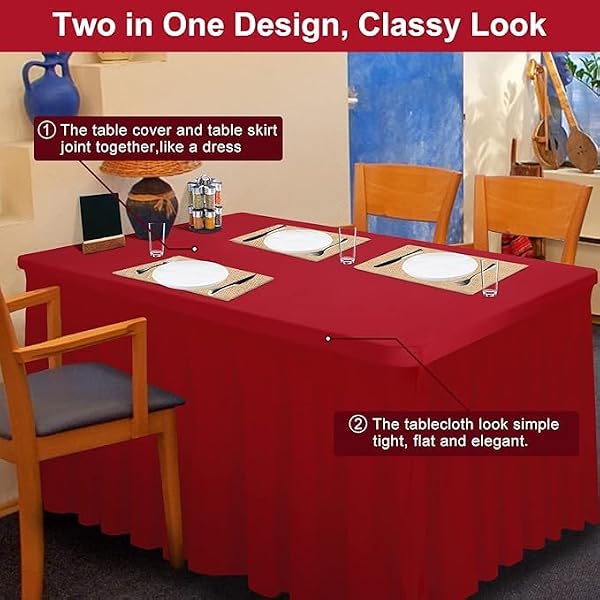 Rinpon Thick 2 in 1 Spandex Table Skirt Cover 4ft, Rectangle Fitted Tablecloth with Pleated Skirt, Wrinkle Free Rectangular Table Cloth for Banquets Vendor Event (Burgundy, 48"*24"*29") by Rinpon - Image 2