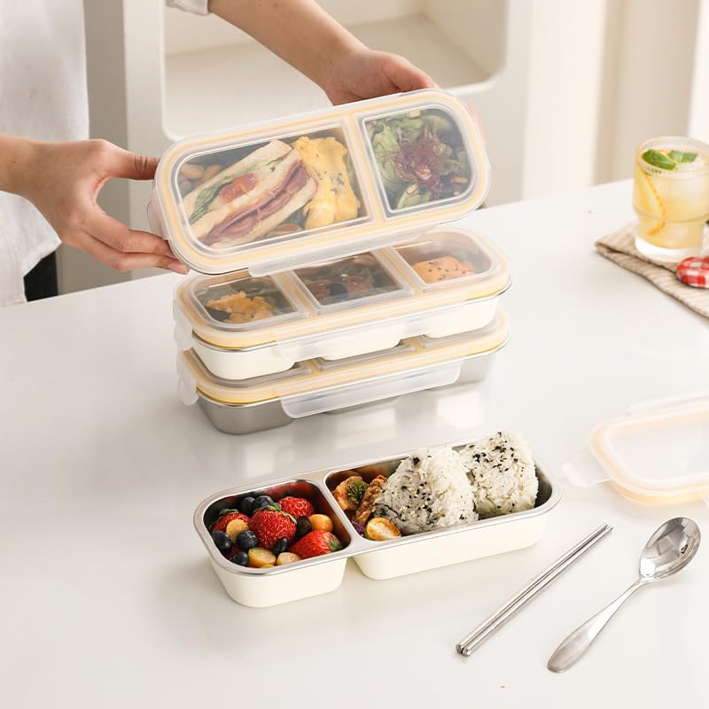 Zinueen Snackbox mit Fächern Edelstahl – 2-fach unterteilte Snackdose mit Deckel, auslaufsicher | Snackteller To Go für Kinder, Nüsse, Gemüse, Reisen & Picknick