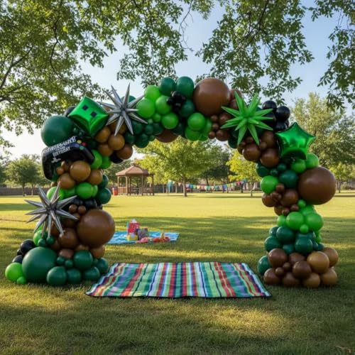 Image of 158Pcs Pixel Balloon Garland Arch Kit - Video Game Party Decorations with 18 12 10 5 Different Sizes Green Brown Black Latex Balloons for Pixel Birthday Baby Shower Boy Gaming Theme Decorations