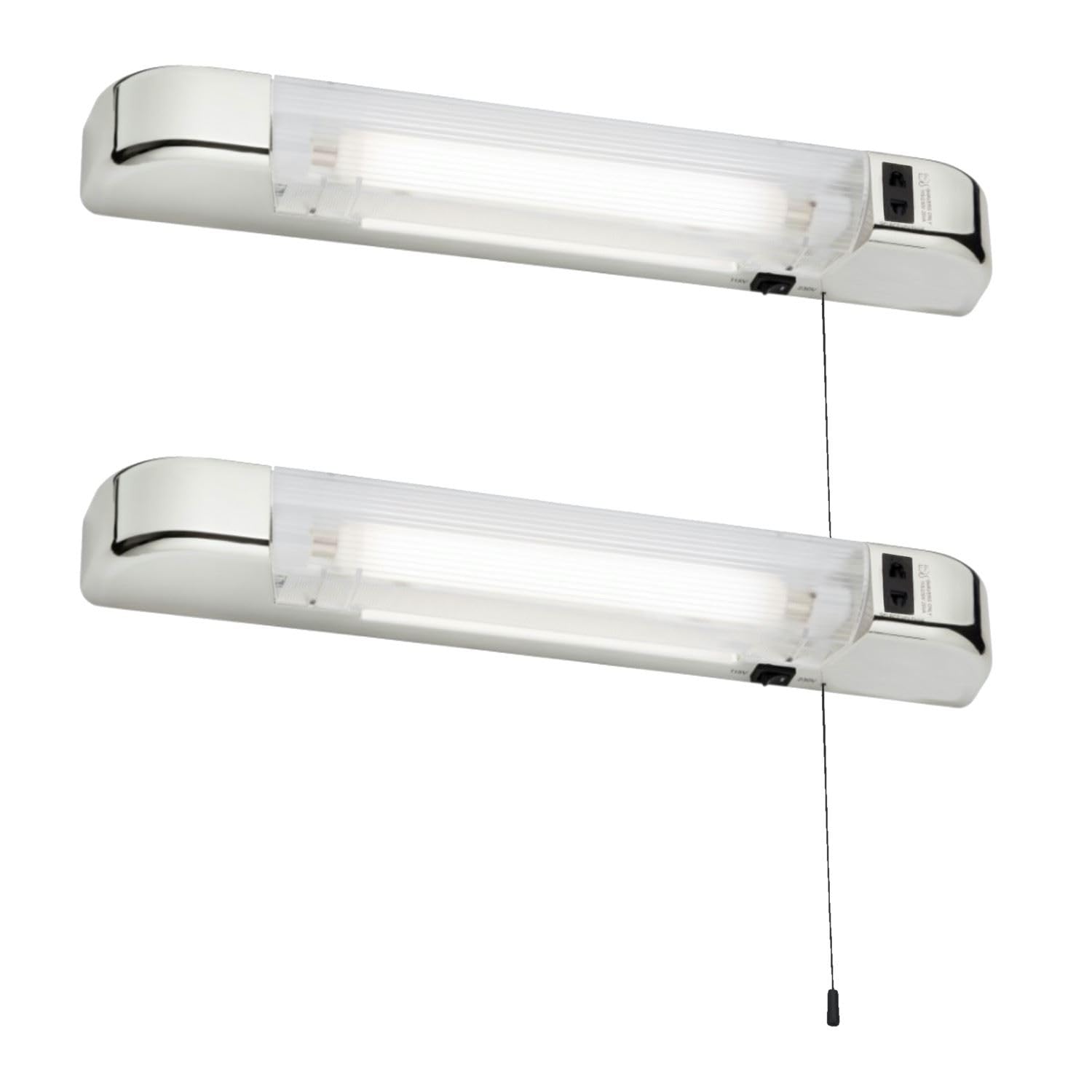 Firstchoicelighting Chrome & Frosted Set Of 2 Bathroom Shaver Lights, Modern White Design, Pull Cord On Off Switch, Dual Voltage, Requires Led S15 Bulb