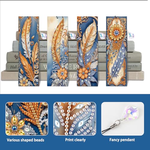 Image of 4-Pack 5D Diamond Painting Bookmarks Kit, DIY Diamond Art Bookmarks with Rhinestones and Tassels, Bohemian Unique Flower and Feather Designs, Handmade Bookmark Set for Adults, Gift for Book Lovers
