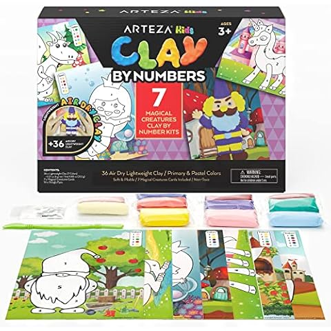 Arteza Kids Air-Dry Clay, 36 Bars, Magical Creatures Modeling Clay-by-Numbers Kit, 7 Magical Cards, 14 Googly Eyes, Craft Supplies for Learning Centers and Educational Playtime Cover