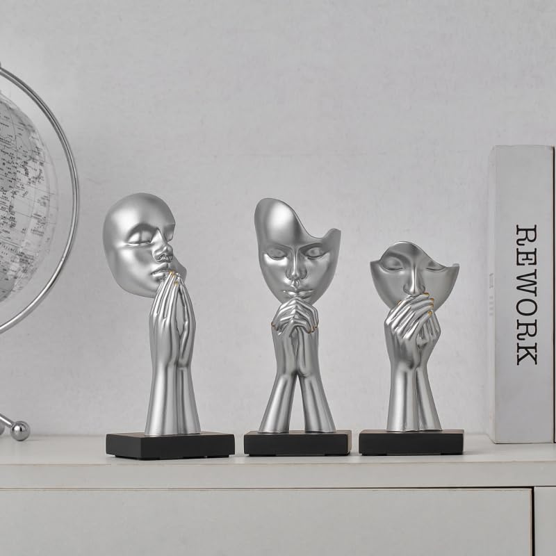 3-Piece Set of Thinker Statues, Gold and Silver Black Abstract Art Meditation Prayer Sculptures, Modern Home or Office Decoration Art Gifts - Image 3