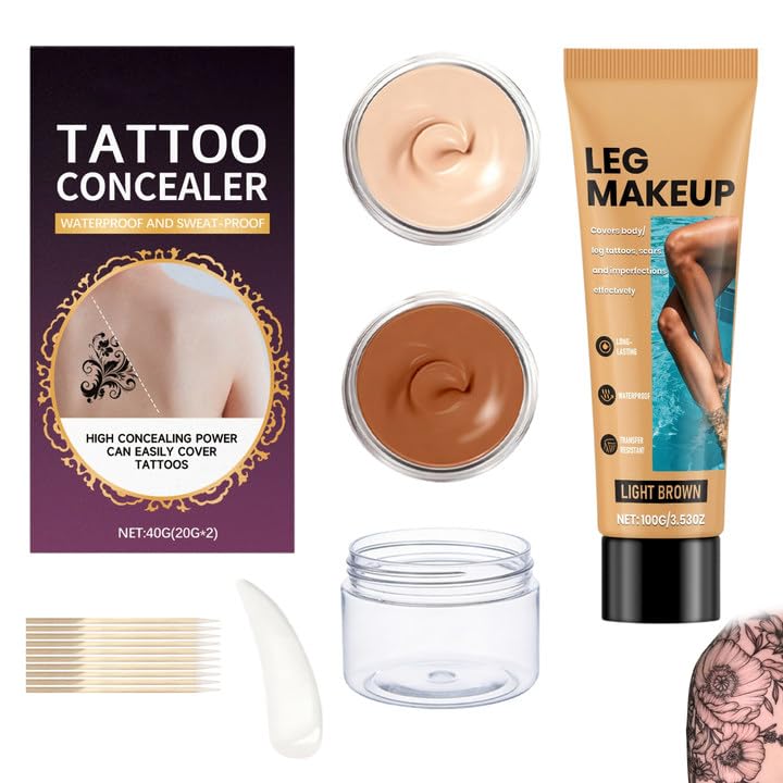2 Piezas Maquillaje Tapar Tatuajes 40g+100g Corporal Resistente al Agua Maquillaje Cubre Cicatrices Piernas Impermeable para Cubrir Tatuajes, Cicatrices y Manchas Cutáneas