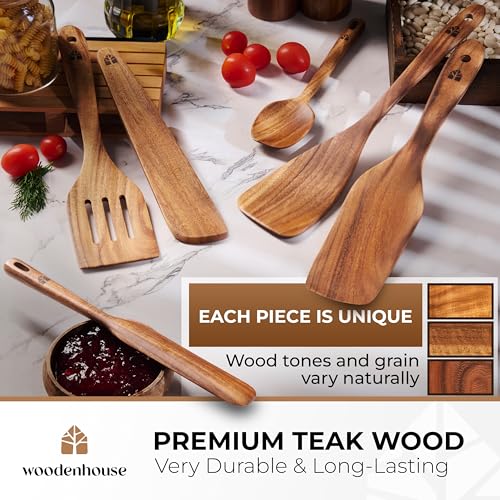 Image of Wooden Spatula for Cooking - Non-Scratch, Sturdy, Natural Teak Cooking Utensils - Easy to Clean Wooden Spatula Set with Turner, Scraper, Slotted & Frying Wood Spatulas, Jar Scraper, Spoonula - 6 Pcs