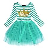 ✿ Diseño único: manga larga, cuello redondo, suéter, estilo acampanado, longitud hasta la rodilla, patrón de letras con lentejuelas y lentejuelas, decoración de lazo, falda de tul con capas. Vestido de fiesta de cumpleaños para niñas pequeñas, vestido de princesa de tul a rayas y esponjoso vestido tutú para tartas Smash, patrón de letras brillantes en la parte delantera, rayas clásicas y letras especiales le dan al vestido mucho estilo. Vestido de verano para niña, manga larga, diseño de rayas impresas, vestido de verano