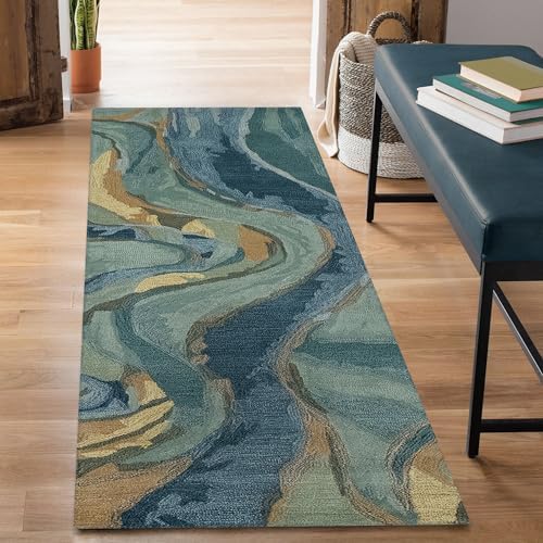 Liora Manne Corsica Indoor Hand Tufted Wool Plush Area Rug - Contemporary Graphic Casual Accent (Panorama Blue/Green) (2' x 7'6")