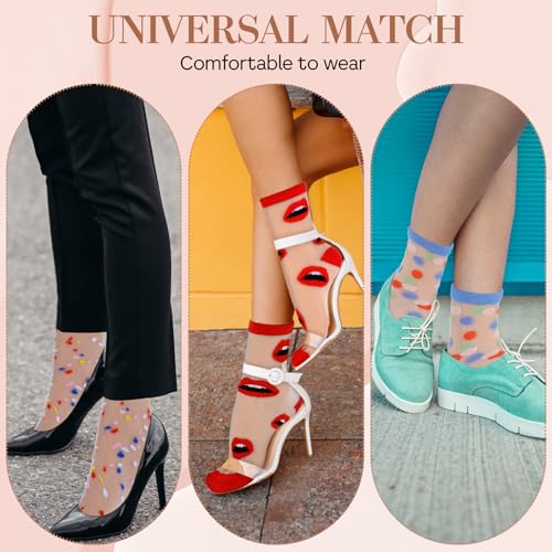 Ouligay 5 Pairs Sheer Socks Women Ankle,Ransparent Thin Mesh Lace Socks Women,Acrylic Color Spots Womens Trouser Sock,Transparent Mesh Sock for Girl(Multiple Styles)2