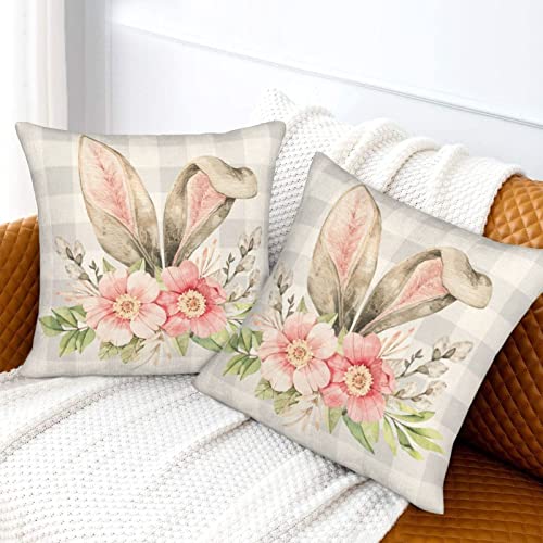 Sunshineyan Easter Pillow Covers 18X18 Set Of 2, Spring Flower Easter Bunny Throw Pillow Covers Linen Spring Rabbit Decorations Buffalo Plaid Cushion Case For Couch Sofa Home Indoor Outdoor Decor #TOP5