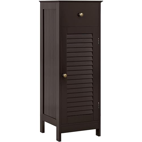Yaheetech Bathroom Floor Storage Cabinet, Wooden Free-Standing Storage Organizer Unit with Drawer and Door Cabinet, Tall Side Table for Home Decor, 34.5 in H, Espresso
