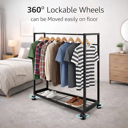 Image of DIVYA Heavy-Duty Metal Garment Rack with Bottom Storage Shelf Freestanding Clothes Stand for Bedroom, Entryway, Living Room Black