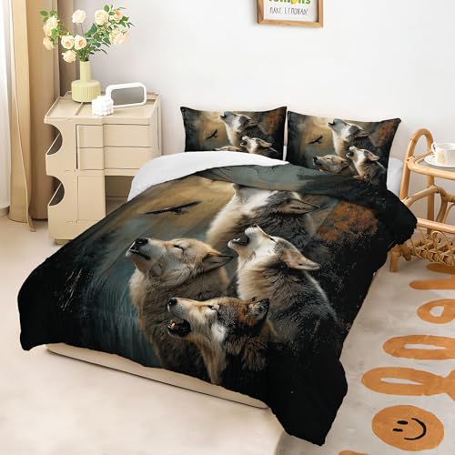Image of Wolf Comforter Set Full for Kids Boys Girls,Howling Wolves Comforter Set,Eagle and Wolf Night Moon Forest Bedding Set, Wild Animals Quilt Set for Bedroom Decor,All Seasons