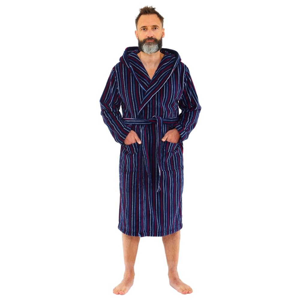 Just Essentials Mens Boys Fleece Onesies Gowns Robes Hooded Jumpsuit UK Seller - Navy Stripe Robe - Large