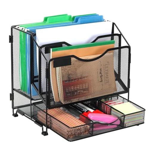 Organizador de Papel,3 Camadas Organizador de Mesa,Organizador de Mesa Escritorio com Gaveta,Tamanho Carta, EmpilháVel, Suporte de Arquivos E Documentos, Malha De Metal