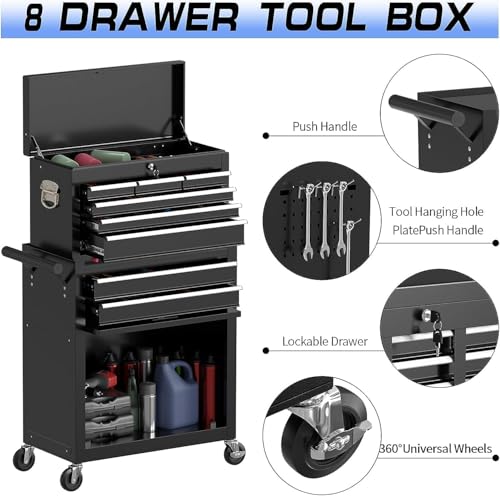 Image of 8 Drawer Rolling Tool Chest, High Capacity Tool Box with Lockable Wheels and Drawers, 2 in 1 Portable Toolbox Organizer Storage Cabinet For Garage, Warehouse, Repair Shop