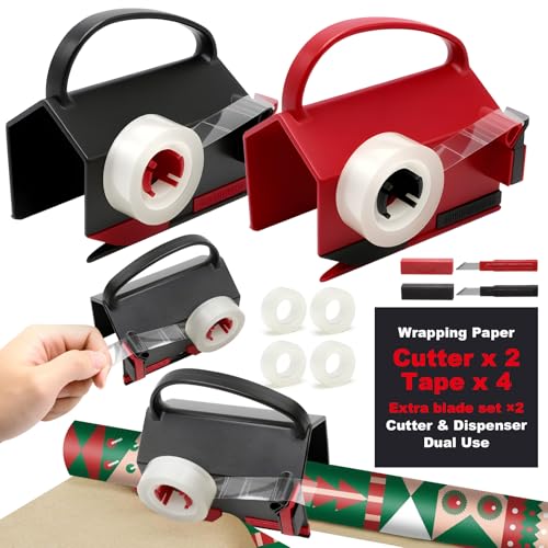 2 Piezas Cortador Papel Regalo, Cortadora Paper Cutter con Mango, 2 Cuchillas Reemplazables y 4 Rollos de Celo, Cortador de Papel de Regalo para Navidad, Cumpleaños y Regalos