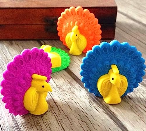Image of AK Store (Pack of 4) 3D Cute Cartoon Shape Rubber Pencil Erasers, School Stationery for Kids, Boys Girls, Birthday Return Gifts (Peacock)