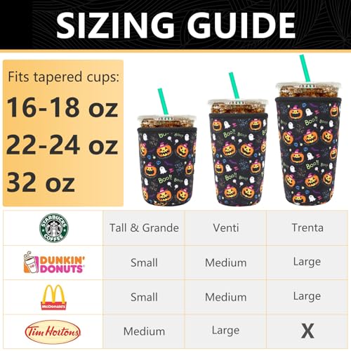 Image of YR Reusable Neoprene Insulator Sleeve for Iced Coffee Cups, 3 Pack Coffee Coolies sleeves for Iced & Hot Drinks, Cold Beverage Cooler Compatible with Starbucks Coffee and More (Halloween Boo)