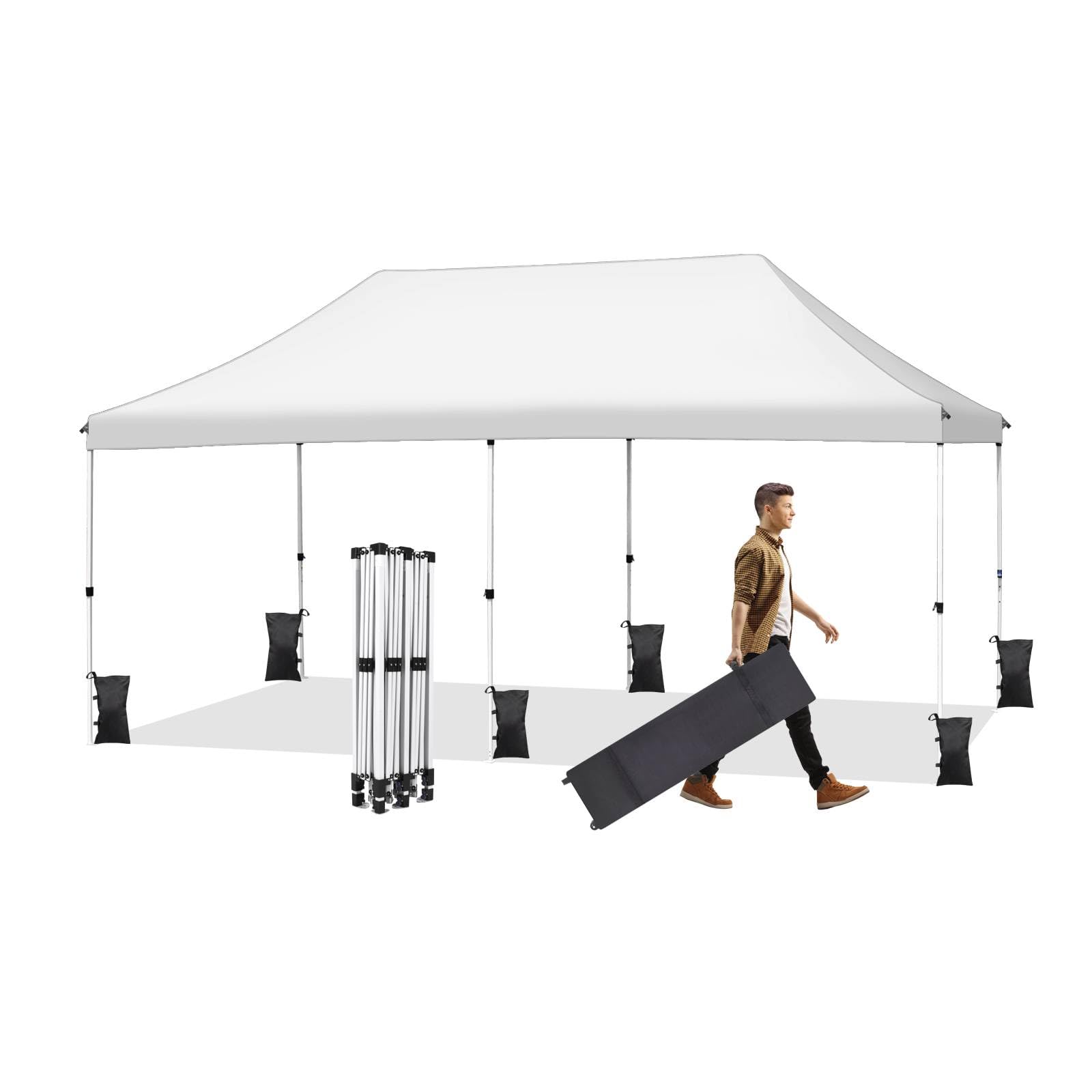 RHOLUTA10x20 Pop Up Canopy Tent, Durable Ez Up Outdoor Instant Canopy, 500D Waterproof Commercial Tent with 3 Adjustable Height, Roller Bag, 8 Stakes, 6 Sand Bags and 4 Ropes